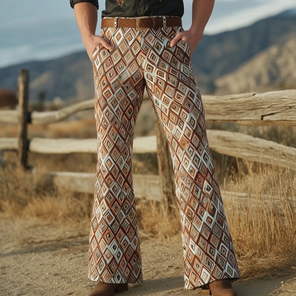 Ouku Men's Ethnic Intricate Disco Pants 60s 70s Bell Western - Picture 12 of 15